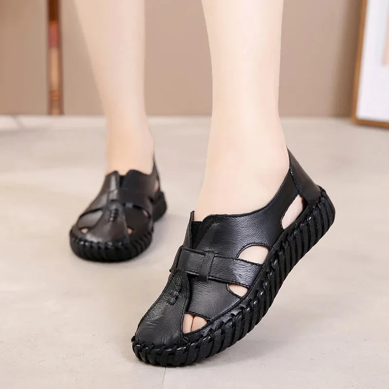 Breite geschlossene Zehensandalen, Gladiatoren, Damen, echtes Leder, Vintage-Stil, Wohnungen, Damen, Sommer, Slip-On-Sandalen, große Größe 43