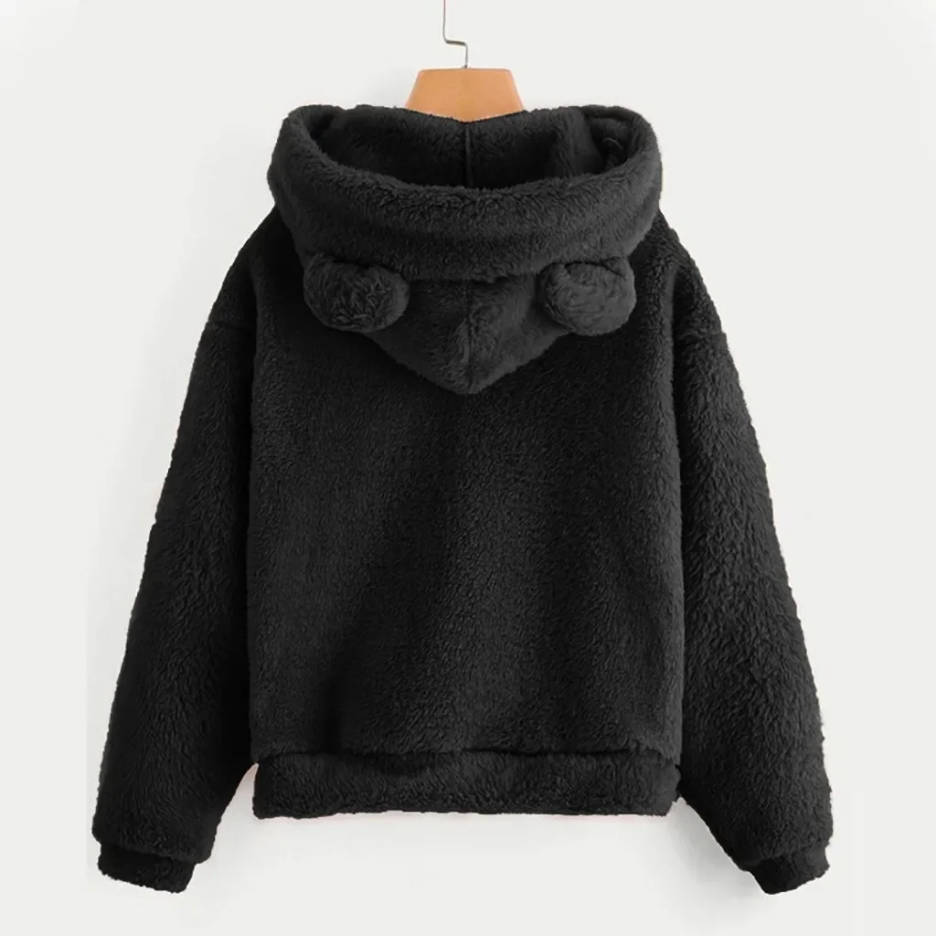 Schattige Beer Oor Sweatshirt Pluizige Teddy Hoodies Vrouwen Kawaii Cap Tops 2023 Nieuwe Herfst Winter Warme Trui Fleece Lange Mouw Jas