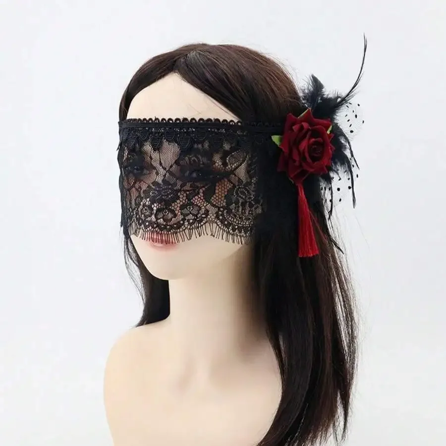 

Lace Half Face Mask With Rose Feather For Women Costume Party