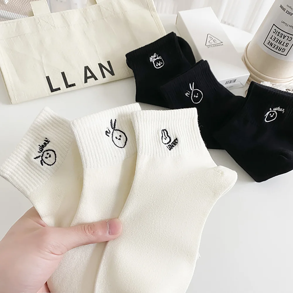 5Pairs Women's Cute Short Socks Cartoon New Black And White Socks Women's Short Socks Korean Edition Ins Trendy Women's Socks.