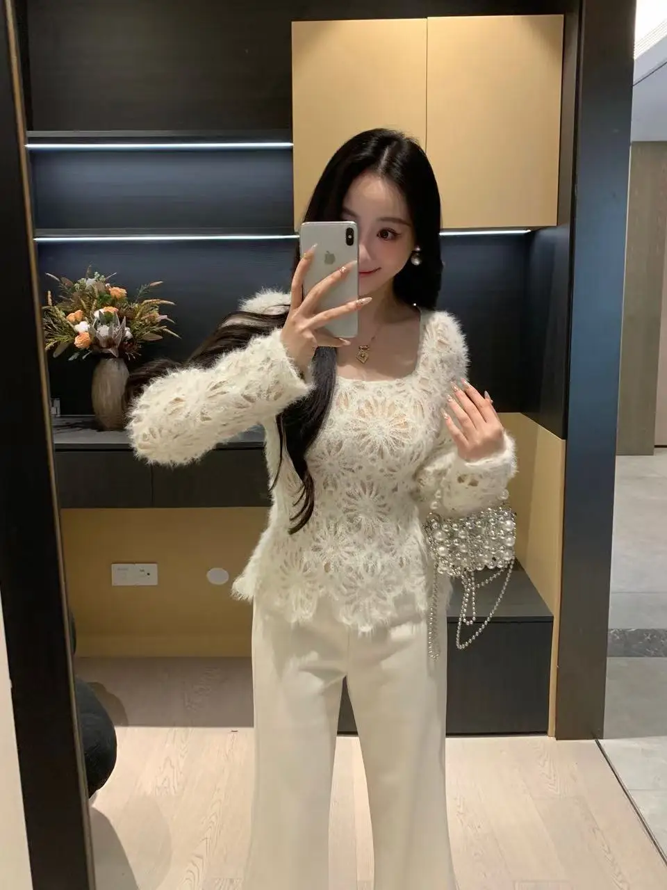 

XINYI Winter Women's Slim Fit Long Velvet Lace Shirt Square Collar Inner Wear Base Top Casual Style Polyester Fiber Long Sleeve