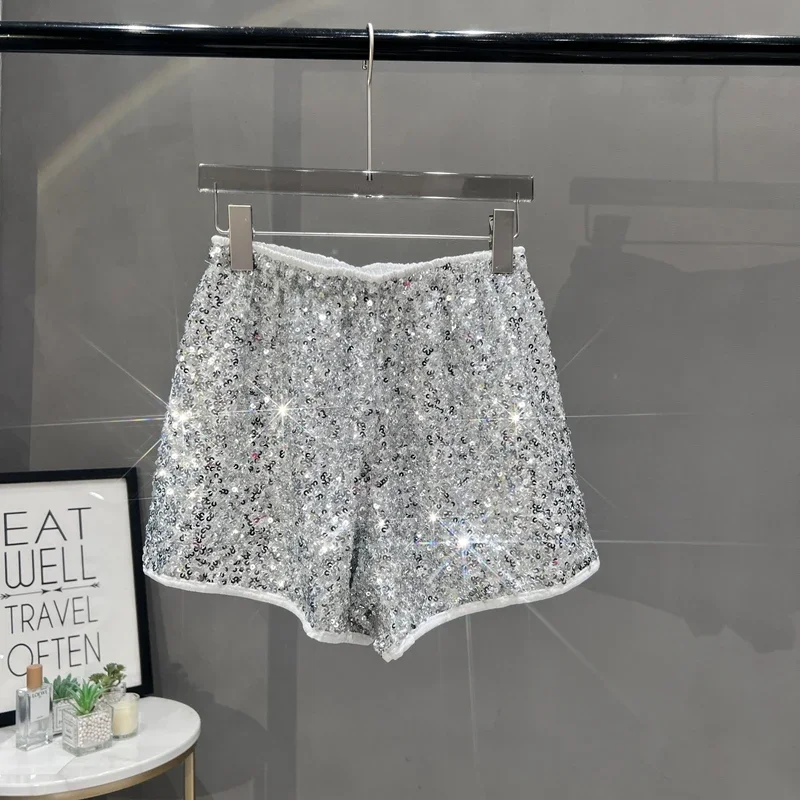 2024 fall new Modern Heavy Industry sparkly sequined high-waisted shorts elastic loose wide leg hot pants casual pants