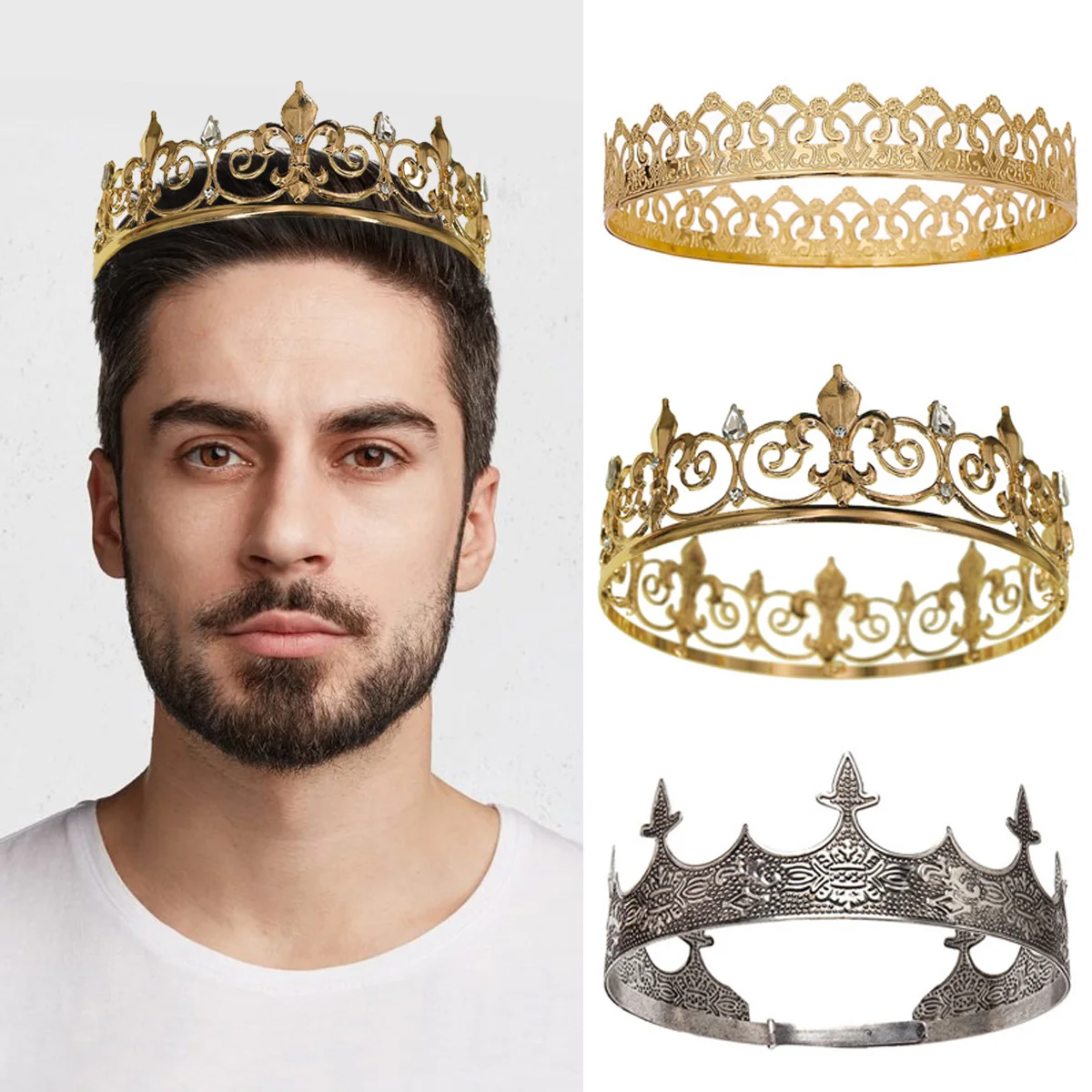 Royal King Queen Crown for Men/Women Metal Prince Crowns and Tiaras Full Round Birthday Party Hats Costume Accessories