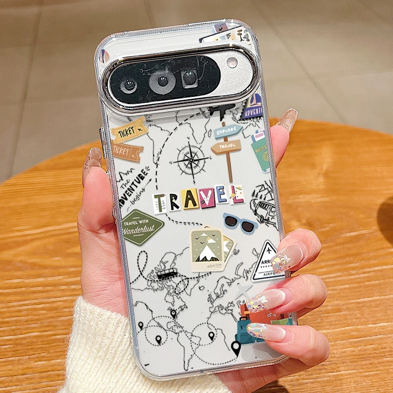 Reiserouten-Kartenmuster Klare Handyhülle für Google Pixel 10 9 8 Pro Pixel 9 10 Pro XL 7A 8A 9A Stoßfeste Weiche TPU-Rückabdeckung