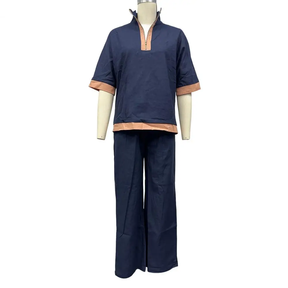 Ropa de mezcla de algodón y lino para mujer, conjunto holgado de verano con top de media manga con cremallera y pantalones de pierna ancha.