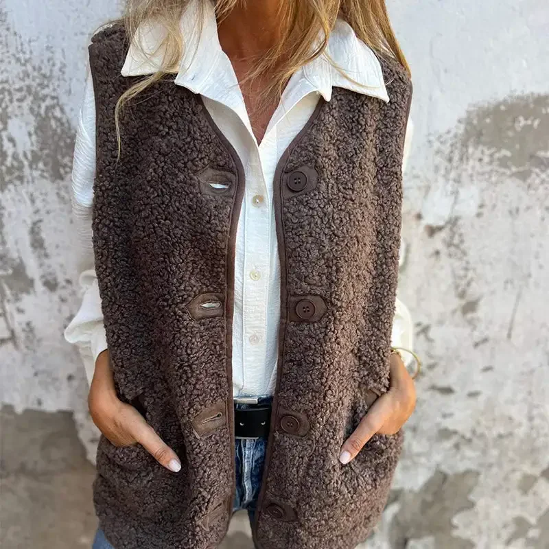 Womens Fuzzy Fleece Vest Cashmere Jacket Fall Winter Casual Warm Button Down Vest Jacket with Pockets