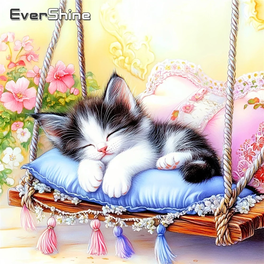 EverShine Diamond Painting Katze Vollquadrat-Stickerei Tierbild Strass DIY Diamant-Mosaik Gänseblümchen Kinder-Hobby