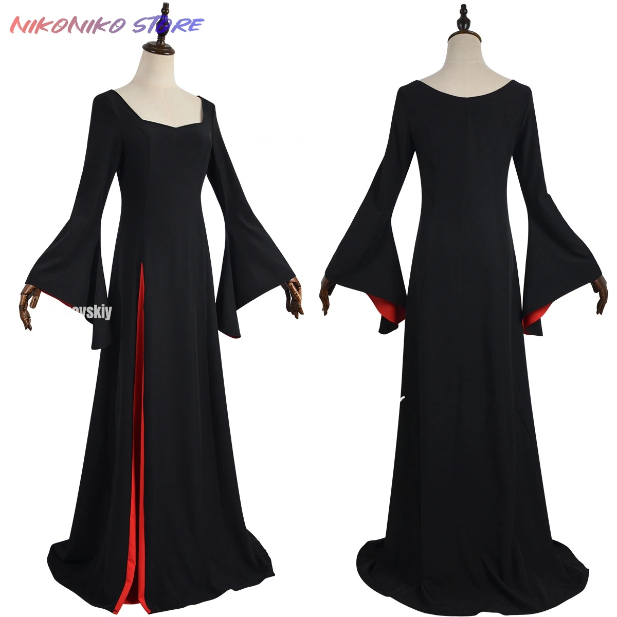تلفزيون الأربعاء Morticia تأثيري حلي رداء أسود شعر مستعار مجموعة المرأة القوطية فستان ماكسي تنورة الكبار خمر حفلة تنكرية للهالوين