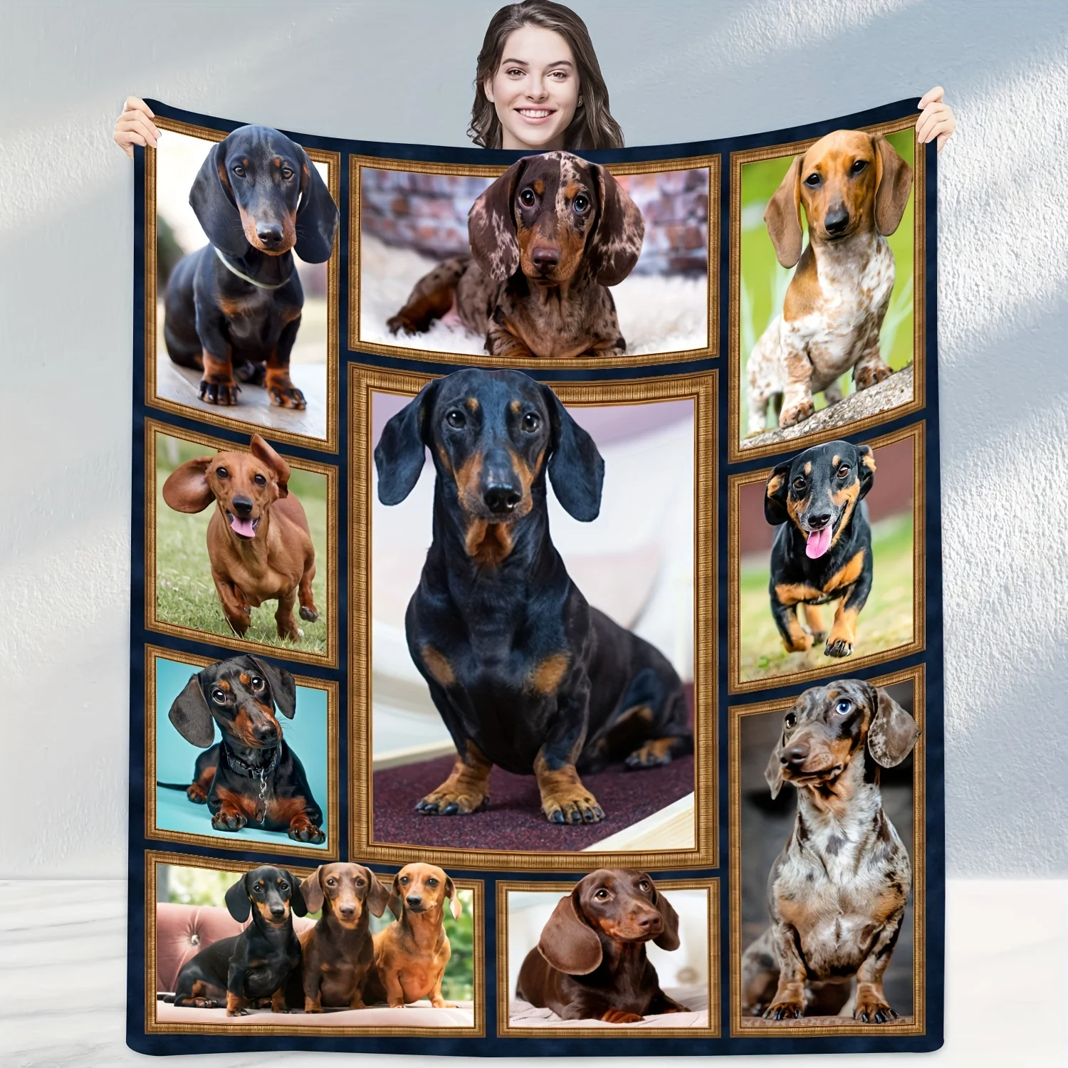 

Коллаж таксы: уютное, очаровательное одеяло с теплыми принтами собаки, идеально подходит для надевания и добавления радости в любой комнате