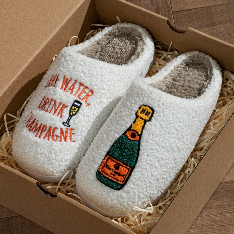 Men's Winter Warm Slippers Indoor Soft Sole Women Cute Cup Embroidery Comfort Fuzzy Bedoom Couple Home Shoes