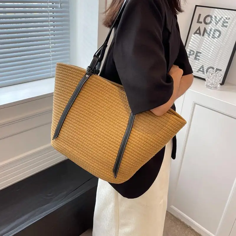 

High end ladies' large capacity cotton thread woven bag French retro hand-held straw woven bag versatile commuting tote bag