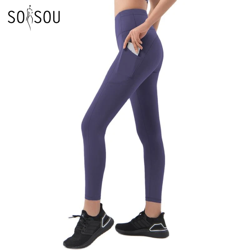 SOISOU Nylon Leggings Tights Women Sport Pants Pocket Yoga Gym Elastic Fitness Leggings For Women Trousers pantalones de mujer