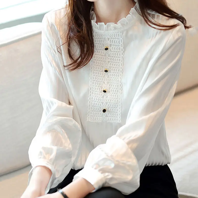 Elegant Stand Collar Button Printed Ruffles Striped Blouses 2022 Autumn New Commute Women Clothing Loose All-match Korean Shirt