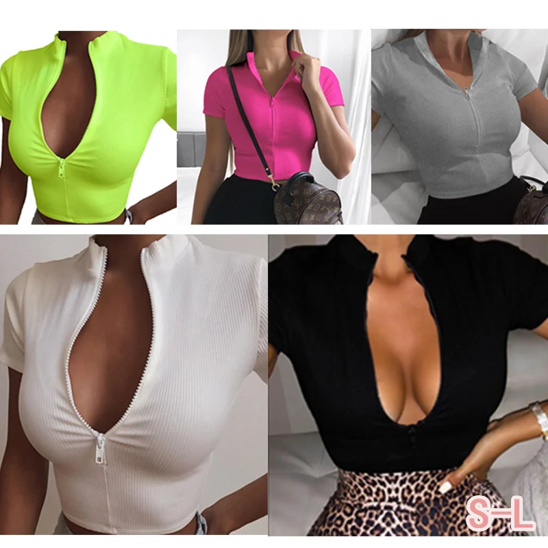 

2022 New Fashion Slim Fit Zipper T-shirt Women Female Bustier Corset Tops High Neck Women Croped Tops Tee Solid Shirt White