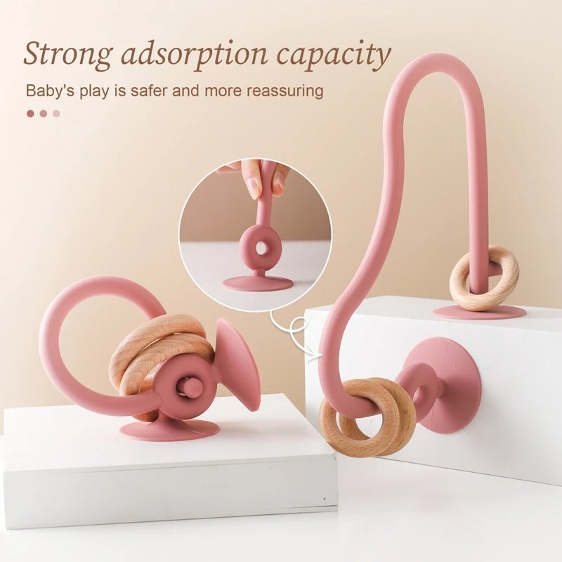 Anello in legno per bambini Massaggiagengive in silicone morbido Giocattoli per bambini morbidi BPA gratuito Massaggiagengive Desktop Adsorbibile Surround Montessori Puzzle Giocattoli Regali