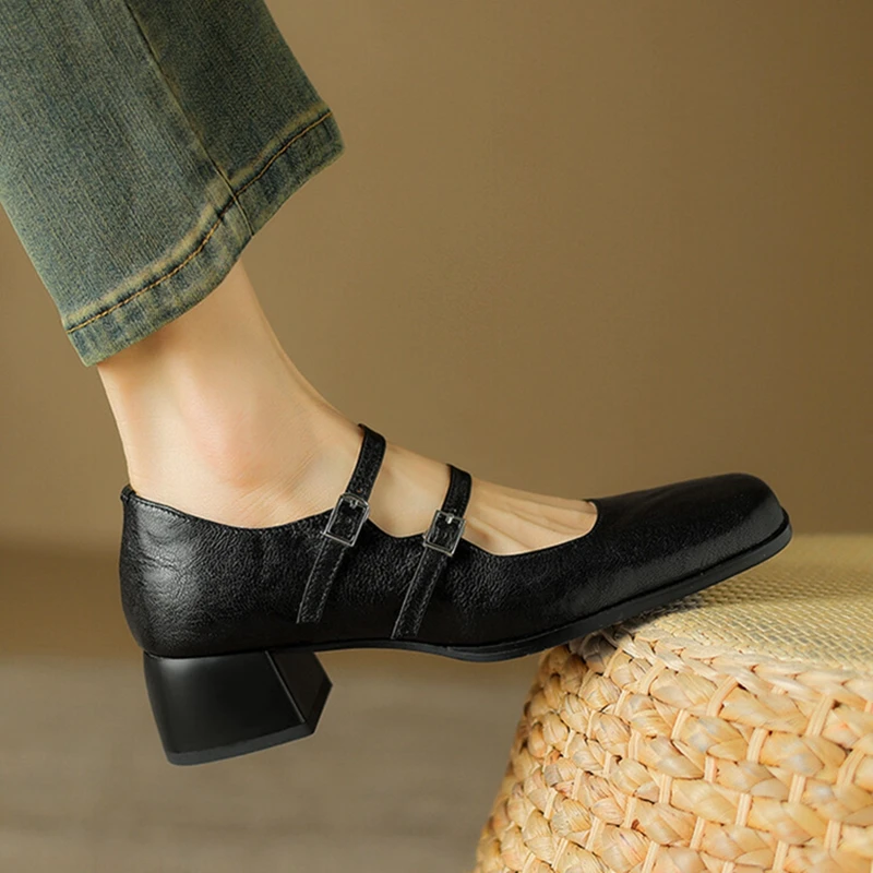 NEW Spring Women Pumps Genuine Leather Shoes for Women Square Toe Chunky Heel Shoes Retro Mid-heel Mary Janes Shoes zaptos mujer