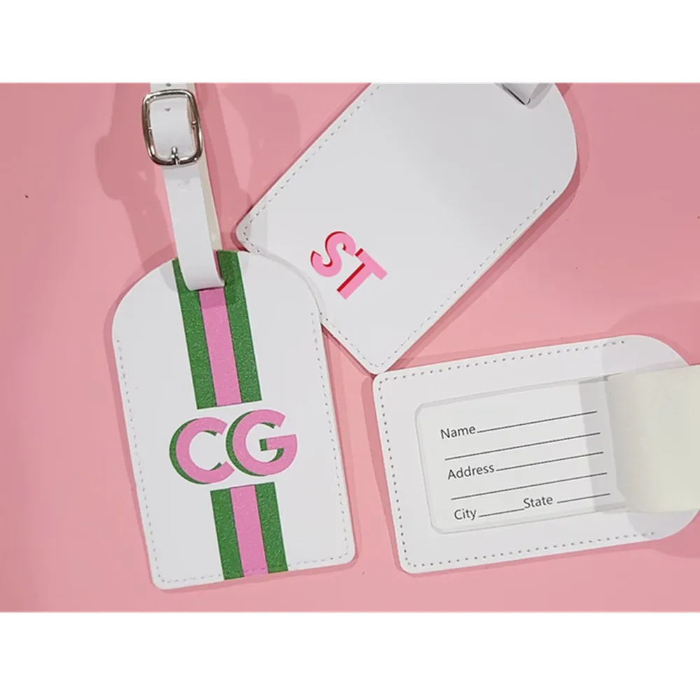 Spersonalizowany Monogram cienia sztuczna skóra torba na bagaż Tag w zabawie i kolorowe kolory