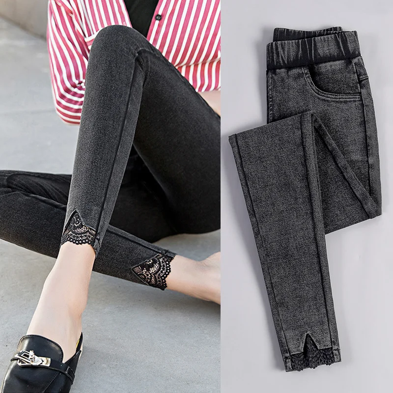 Elastic High Waist Skinny Pants Women Streetwear Slim Pencil Trousers Stretch Leggings 4XL 5XL Fashion Lace Patchwork Mom Pants