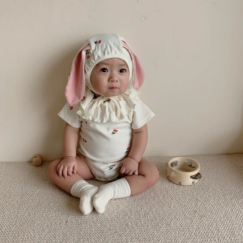 Cute Cartoon Rabbit One-piece Climbing Suit Cherry Print Romper Summer Newborn Jumpsuit for 0-1 Years Old Unisex Baby Clothes