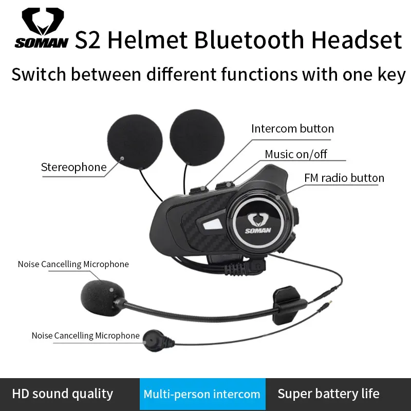 SOMAN 800M BT Intercom Motorcycle Helmet Intercom Riders Speakers Headsets Walkie Talkie IP67 FM Radio S2