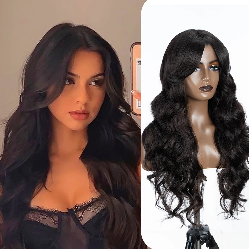 28 Inch Long Synthetic Lace Wigs Body Wavy Middle Part Lace Wig Heat Resistant Ombre Brown Cosplay Daily Wigs For Black Women