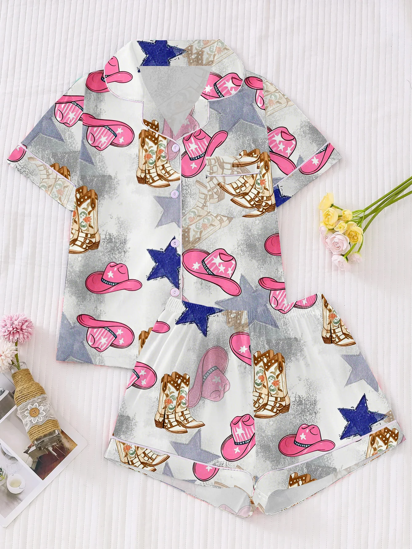 Standard Size Spring and Summer Women's Two-Piece Pajamas Western Style Pink Cowboy Hat Printed Comfortable Short-Sleeved Tie Top and Matching Shorts, Fashionable Cardigan Pajama Set