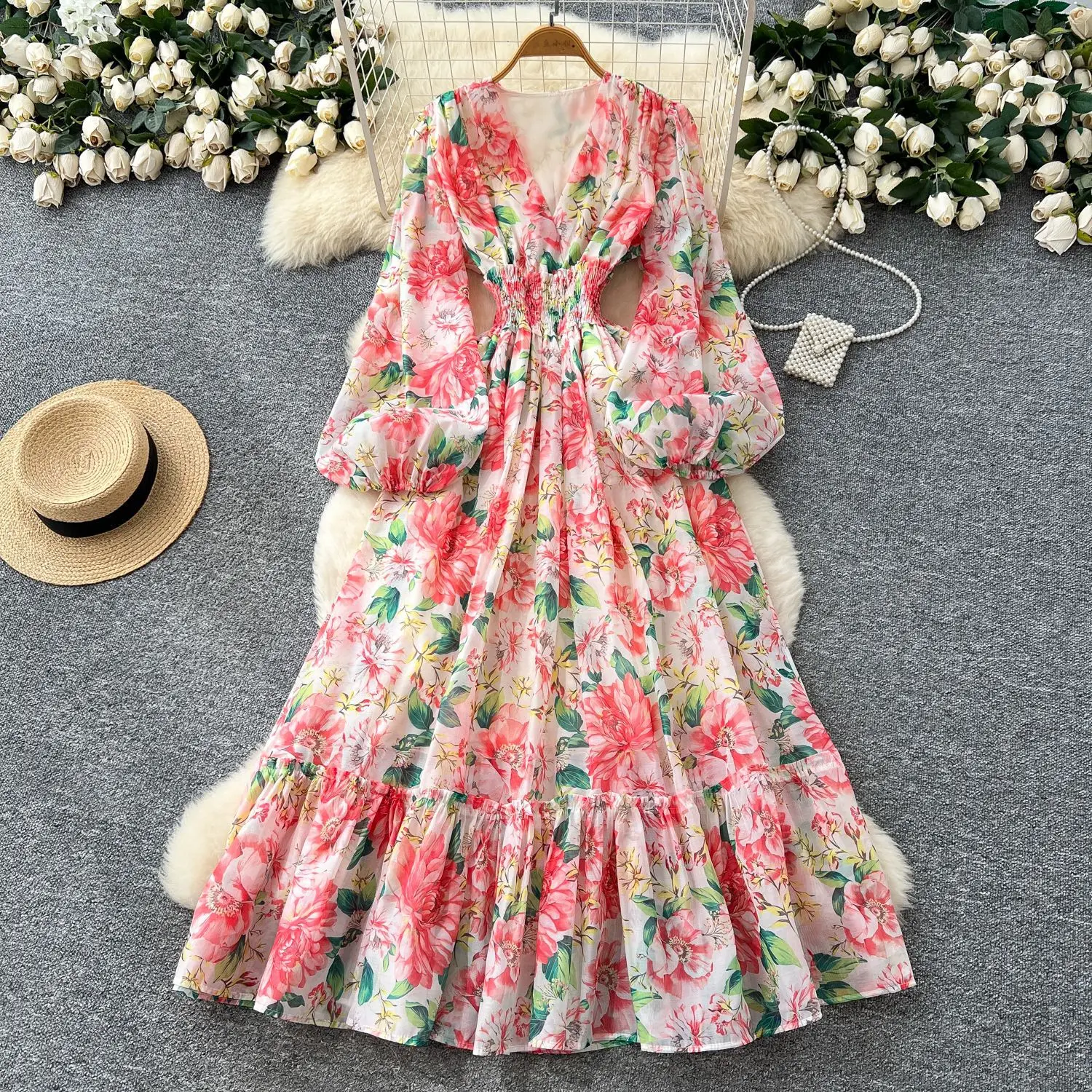 

Women Long Dress Dresses A Line Vestidos Y2k Streetwear Lantern Sleeve High Waist Print Floral Ruffles Elegant Party Night Work