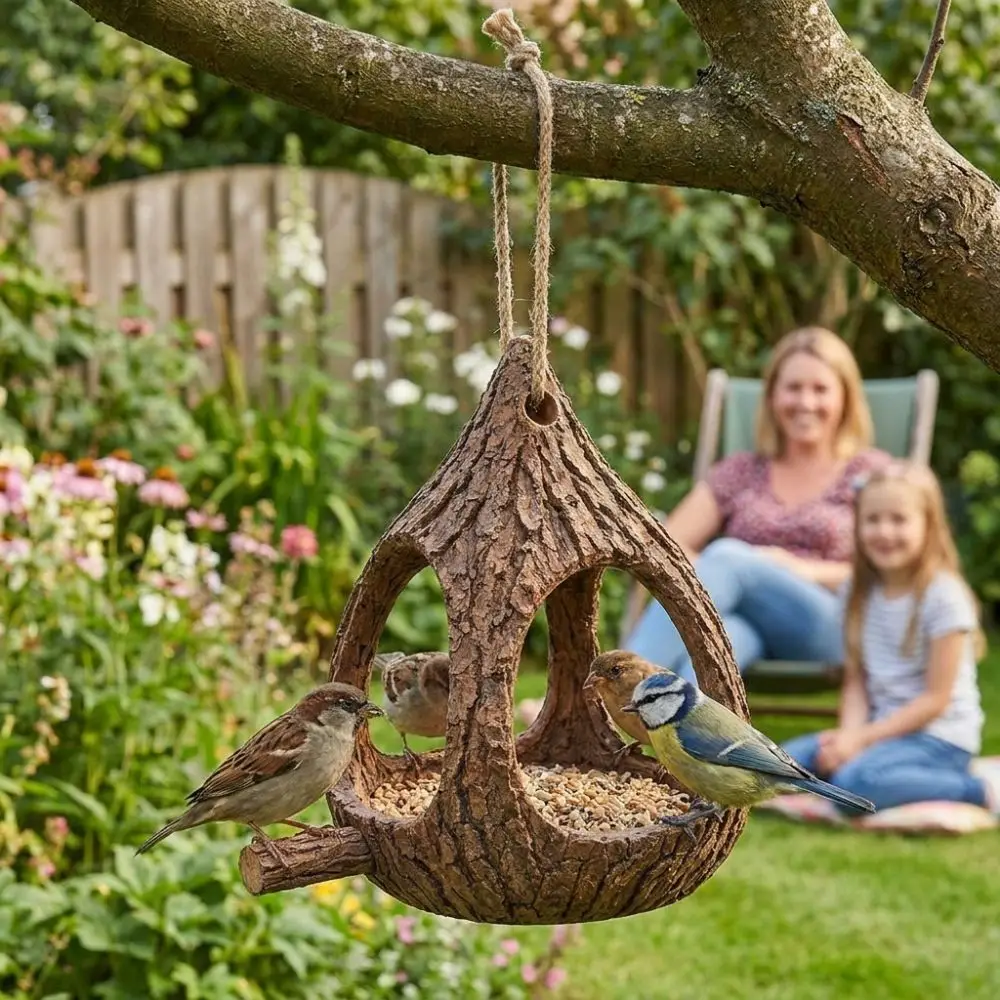 Resin Bird Feeder House Natural Look Tree Stump Bird Feeding Station Waterproof Weather Resistant Hanging Wild Bird Feeder