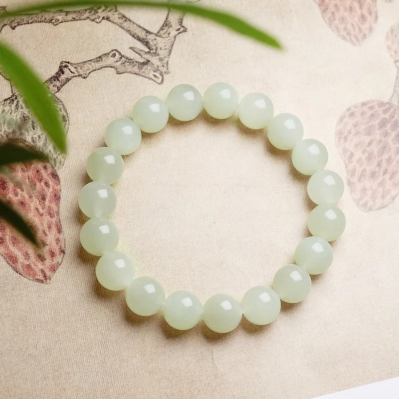 

Natural Hetian Jade Clear Water Round Bead Bracelet Men's and Women's Temperament High Value