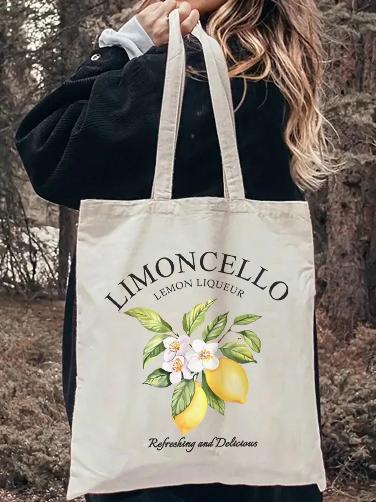 1pc Cartoon Lemon Women Shopping Bags Double Print Decor Plant Casual Canvas Shoulder Handbag for Child Gift Shopper Bag