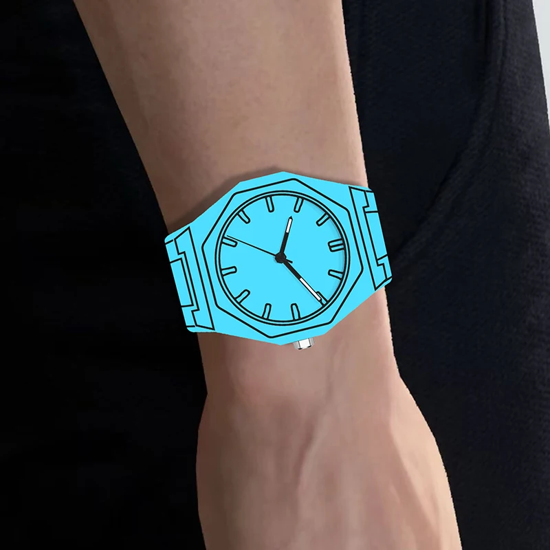 ساعة كوارتز مرصعة بشريط أزرق عصري رياضي مضلع للرجال