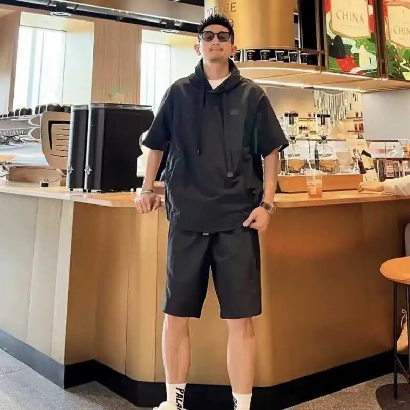 

Summer 2024 Men's Casual Loose Fit Short Sleeve Thin Sun Protection Breathable T-Shirt Shorts Two-Piece Set Comfortable Sport...
