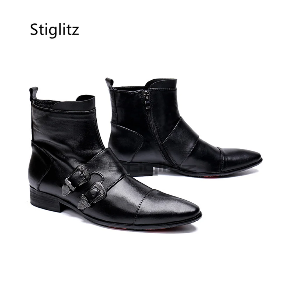 Botas Chelsea para Hombre con Doble Hebilla Metálica, de Cuero Genuino Negro, Punta Puntiaguda, Cierre Lateral con Cremallera, Tacón Bajo, Zapatos de Vestir para Hombre