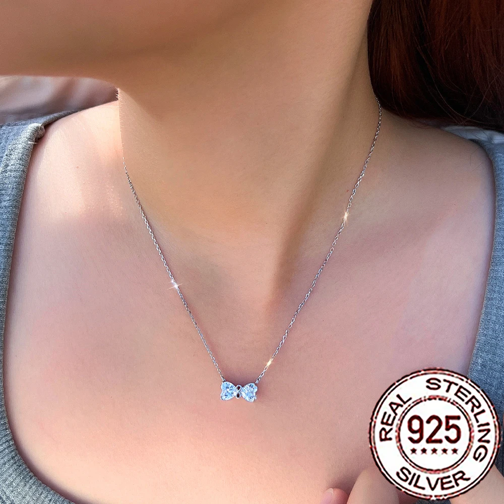 

QooLady 925 Sterling Silver Elegant Heart Shape CZ Crystal Bowknot Pendant Necklace for Women Trendy Wedding Party Jewelry SD058
