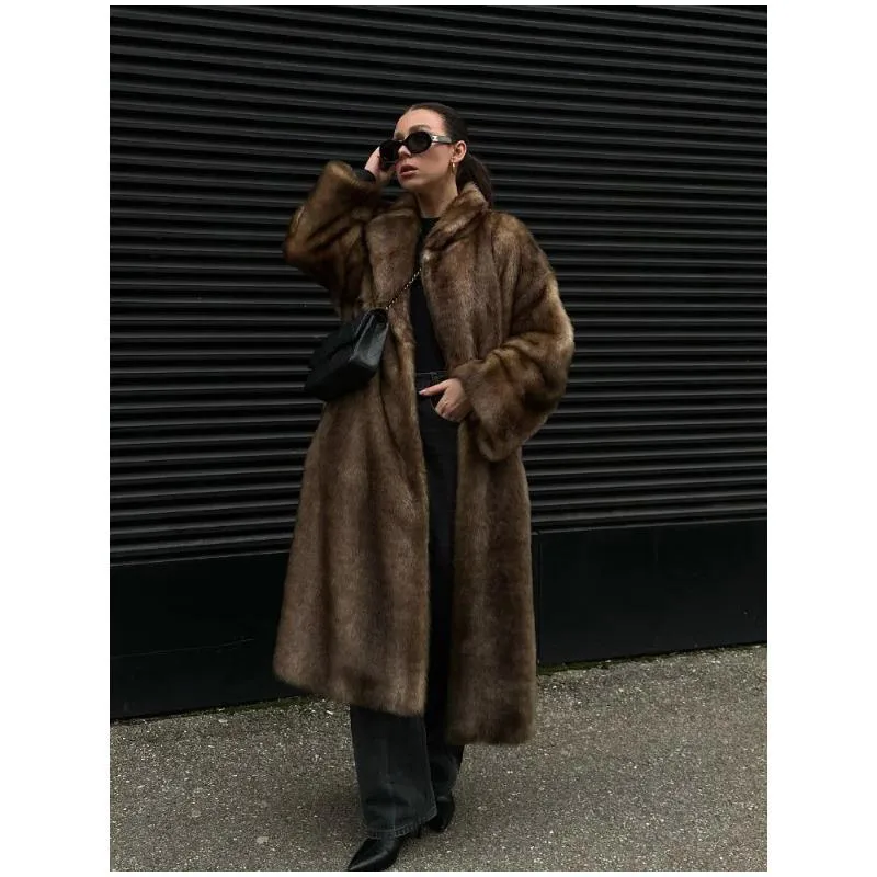 Luxury Faux Fur Maxi Coat Chic Open Front Stand‑collar Long Sleeve Oversized Outerwear Winter Women Fashion Autumn Warm 2026 New