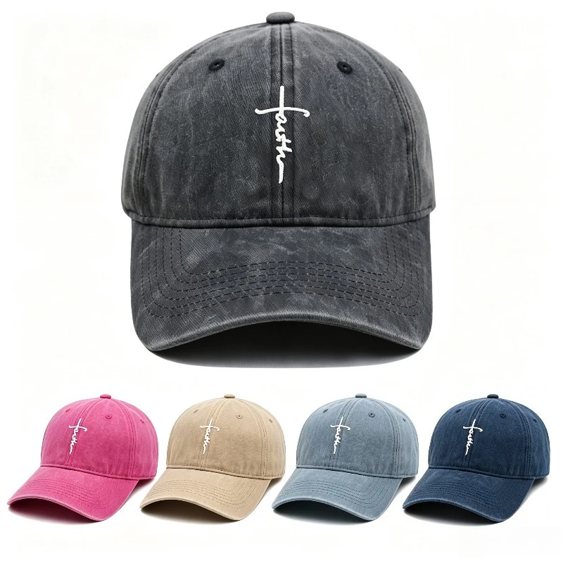 Casquette de baseball unisexe en coton délavé vintage avec broderie croix de la foi, visière réglable, chapeau décontracté religieux chrétien anti-UV