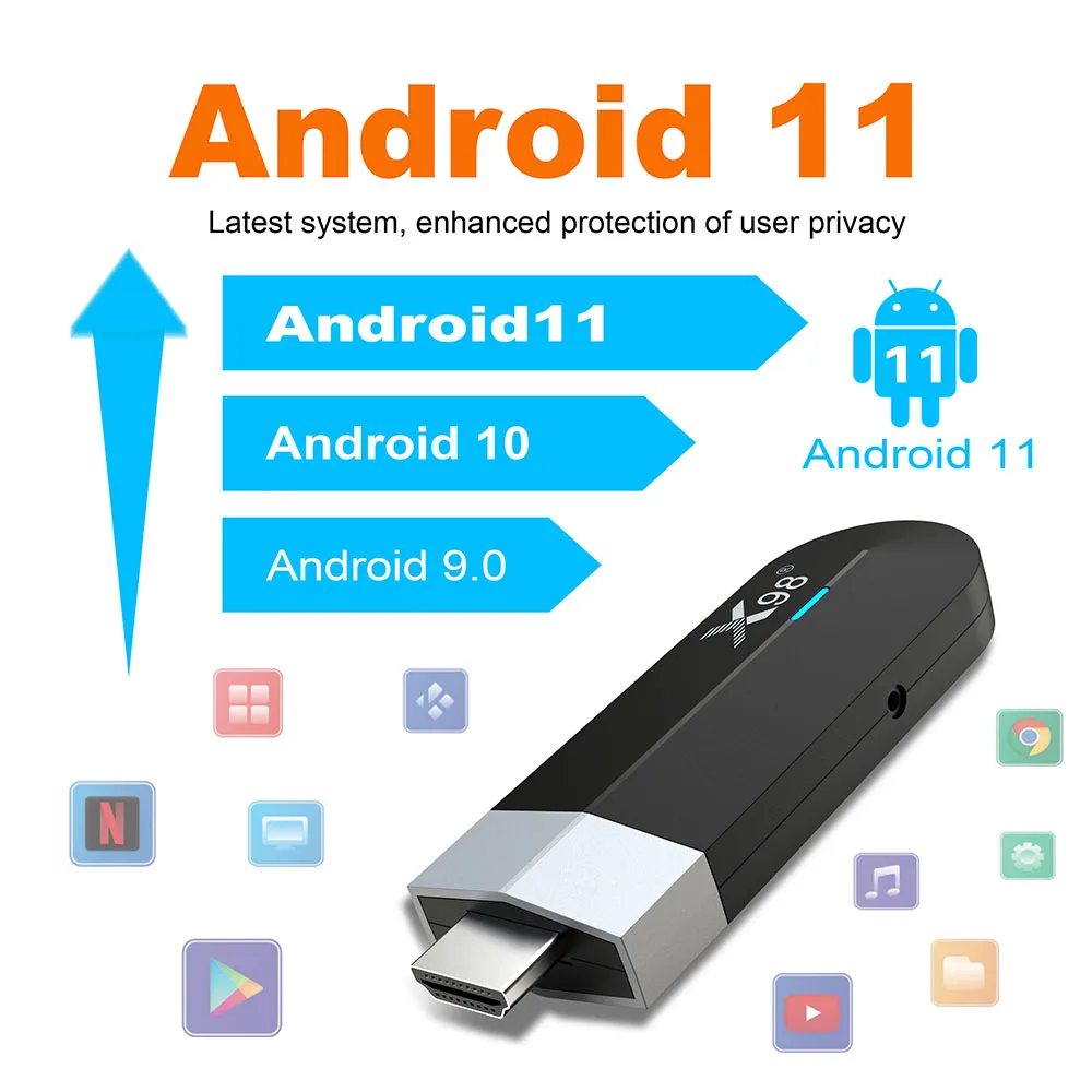 X98 TV Stick z systemem Android 11.0 Dongle TV 4GB 32GB procesor Amlogic S905Y4 czterordzeniowy 2.4G 5GHz Wifi BT4.X 1080P H.265 HD 4K AV1 odbiornik