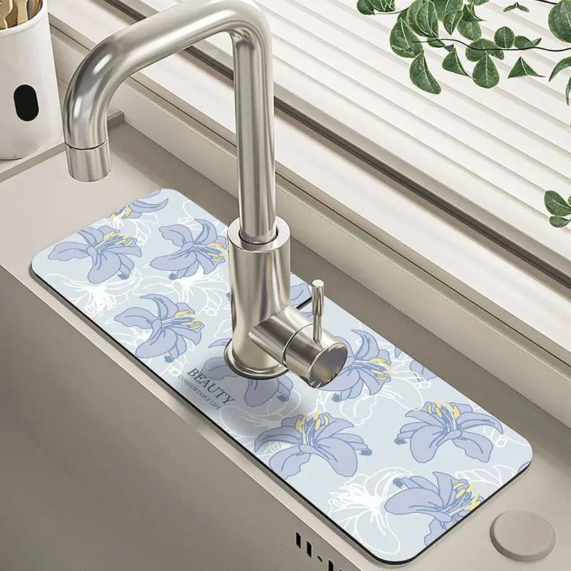 VIKAMA Light Blue Purple Lily Floral Diatomite Faucet Mat Super Absorbent Non Slip Kitchen Sink Tap Splash Draining Pad
