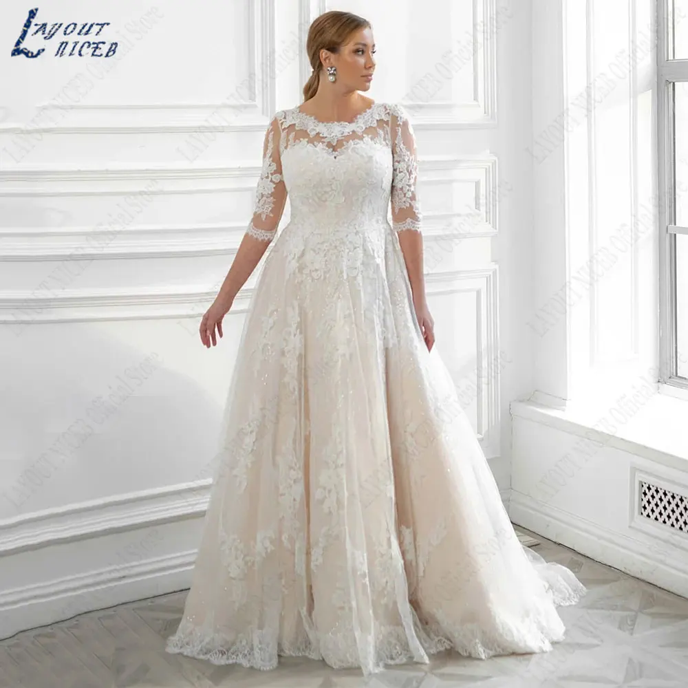 LAYOUT NICEB Lace Appliques Plus Size Wedding Dress Backless A-Line Tulle Bride Gowns Three Quarter Sleeves robes de mariée 2024