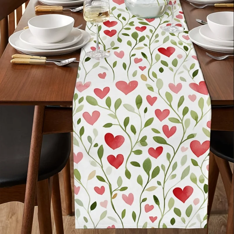 VIKAMA Valentinstag-Tischläufer mit Aquarell-Blatt- und Herz-Design, Tischläufer für Küche und Esstisch, Dekoration
