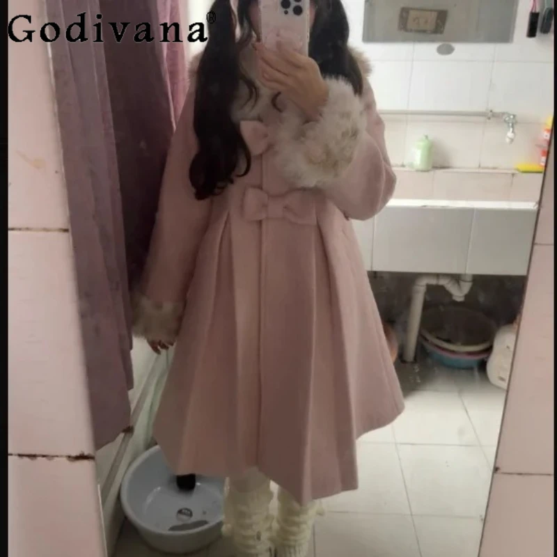 

Autumn Winter Age Reduction Pink Sweet Bow Fashion Loose Woolen Coat Lolita Girl Versatile Long Sleeve Leisure Japanese Coats