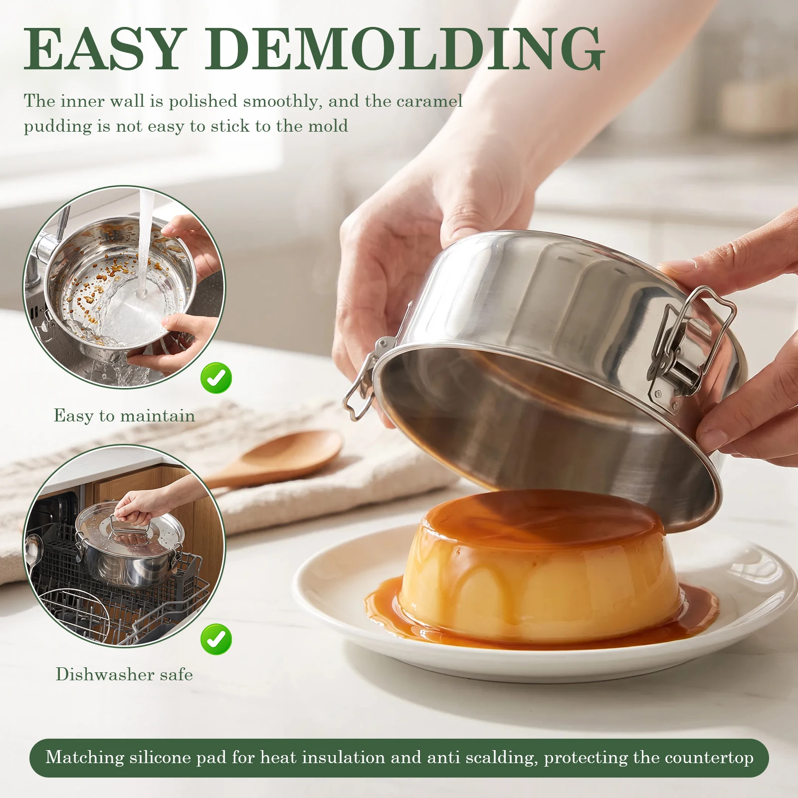 1.5QT Stainless Steel Flan Pan Mold Set with Lid Pudding Baking Steamer Pot Flanera Flan Mould Portable Kitchen Cake Baking Tool view 2