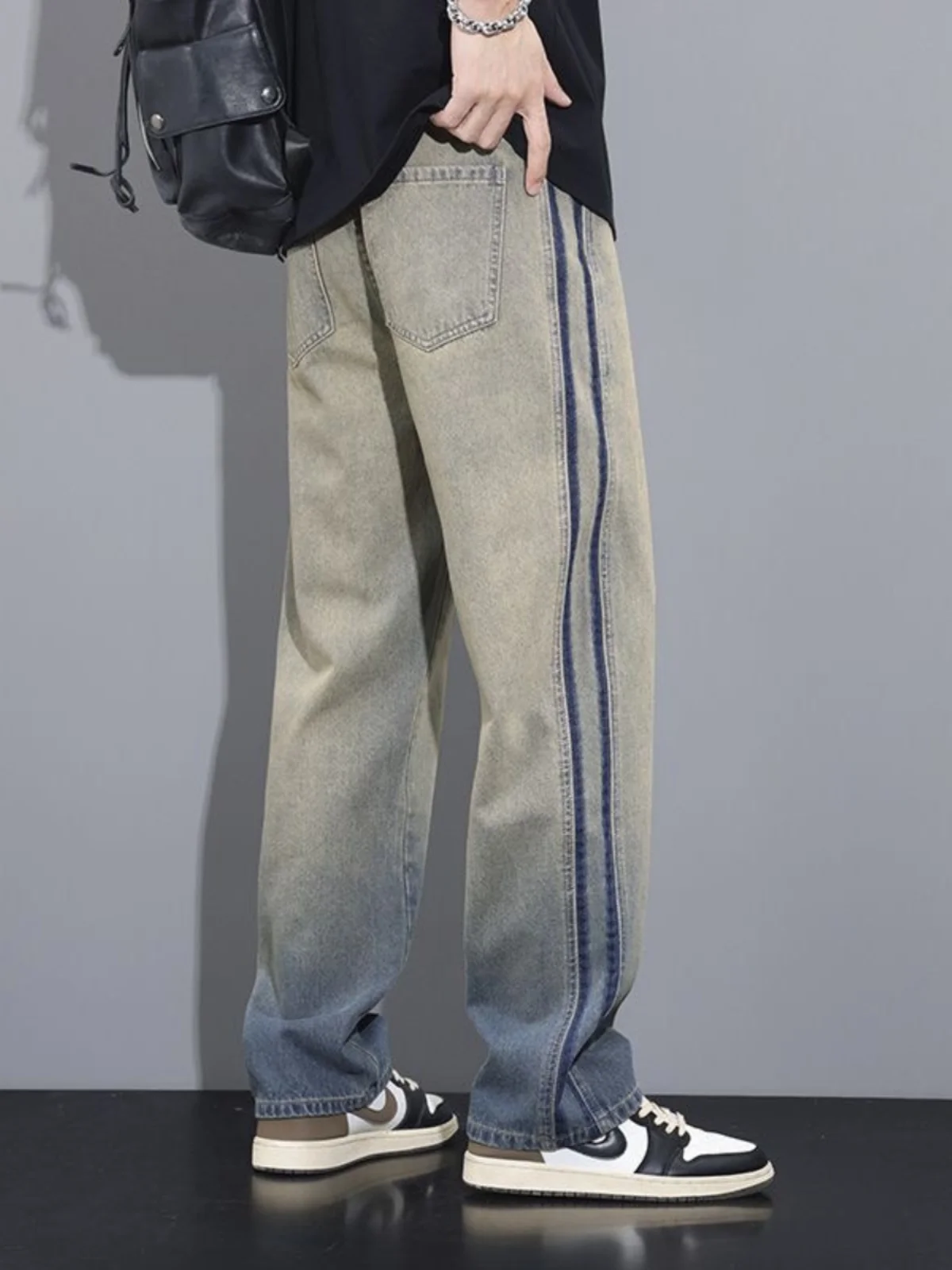 

American High Street Men's Jeans 2024 New Trendy Brand Haome Striped adient Retro Loose Straight Long Pants
