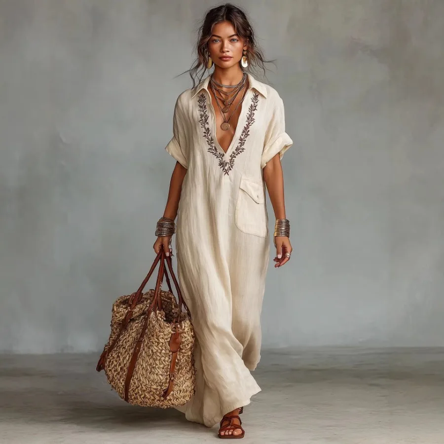 

Весна-лето 2026: Новинка! Европейский и американский стиль, свободный женский комбинезон из льна с вышивкой, карманами и отложным воротником.