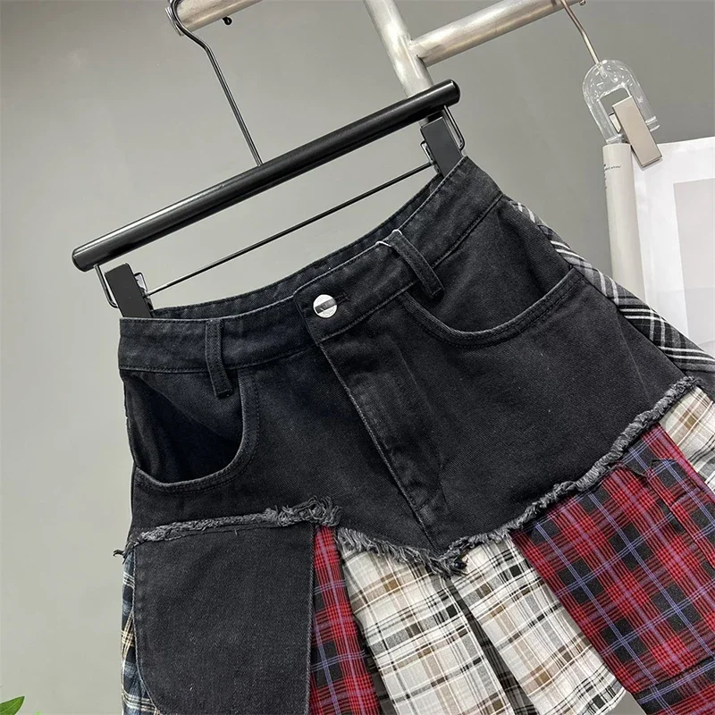 Fashion Retro Irregular Patchwork Plaid Denim Skirts Women High Waist Summer Jeans Mini Skirt Ladies Skirts Jupe Femme