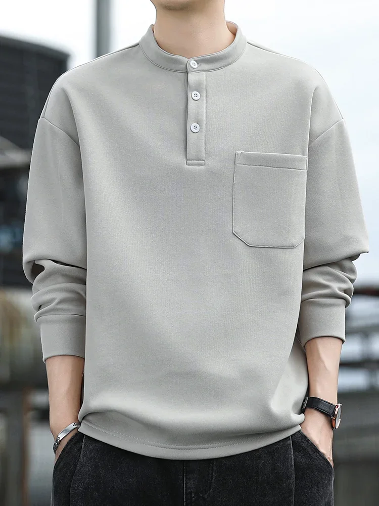 

Henry Collar Shirts Men Long Sleeve Fall Winter Solid Color Men Work Wear Tops Fleece Sweatshirts Men Trends Shirt