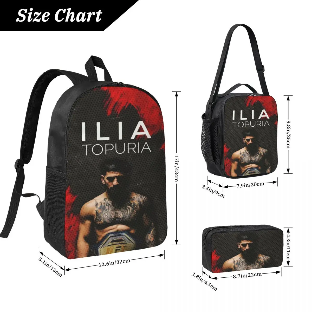 3Pcs Ilia Topuria Wrestling Wrestler Backpack Set for Children Pencil Boxes Bookbag Sets with Lunch Box For School Knapsack
