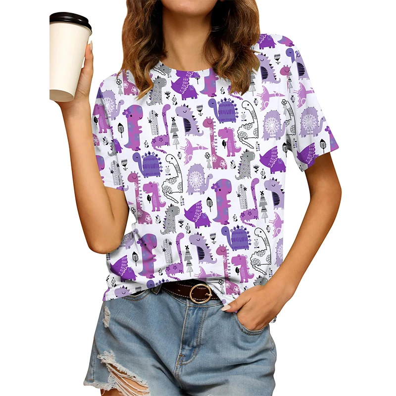 귀여운 공룡 그래픽 티셔츠 3D 인쇄 여성 오-넥 반팔 티셔츠 streetwear y2k 하라주쿠 티셔츠 기본 탑 여성 의류