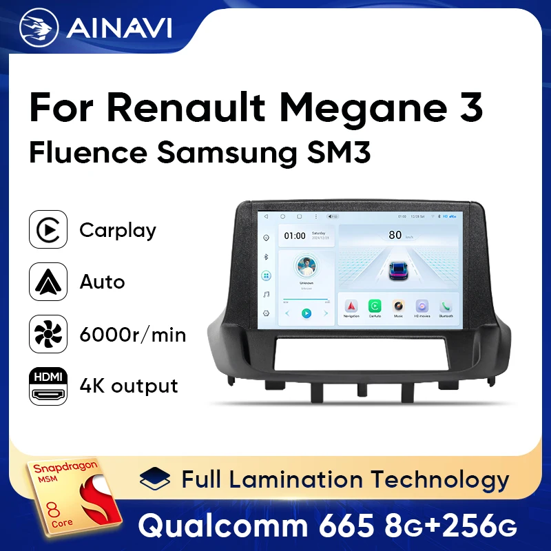 Ainavi Wireless Android Auto Car Radio For Renault Megane 3 RS Fluence Samsung SM3 2008-2014 Car Multimedia Carplay GPS HDMI out