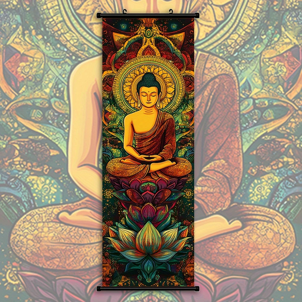 Buddha Statue Lotus Scroll Tapestry, Colorful Mandala Meditation Zen-Themed Narrow Scroll Wall Hanging, Home Decor